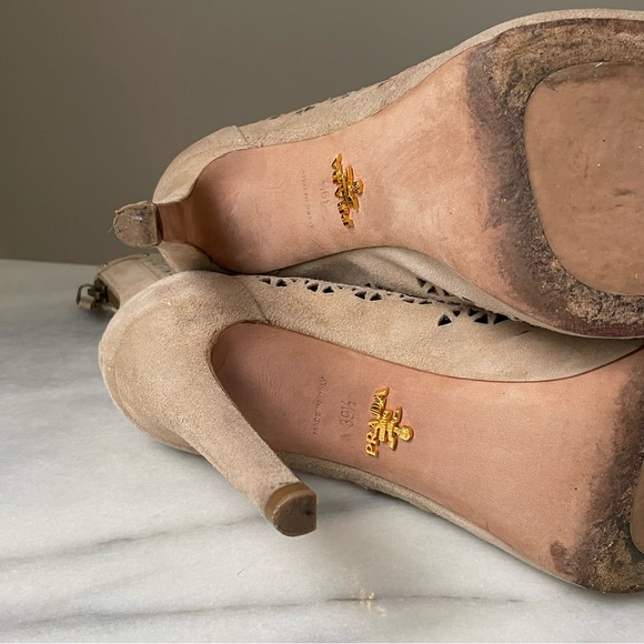 Prada Womens Perforated Suede Sand Ankle Boot Sand Open Toe Booties Sz 9.5 B - Picture 10 of 16